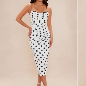 Fashion Nova Polla Dot Midi Black Tie Formal Cocktail Dress Spaghetti Strap